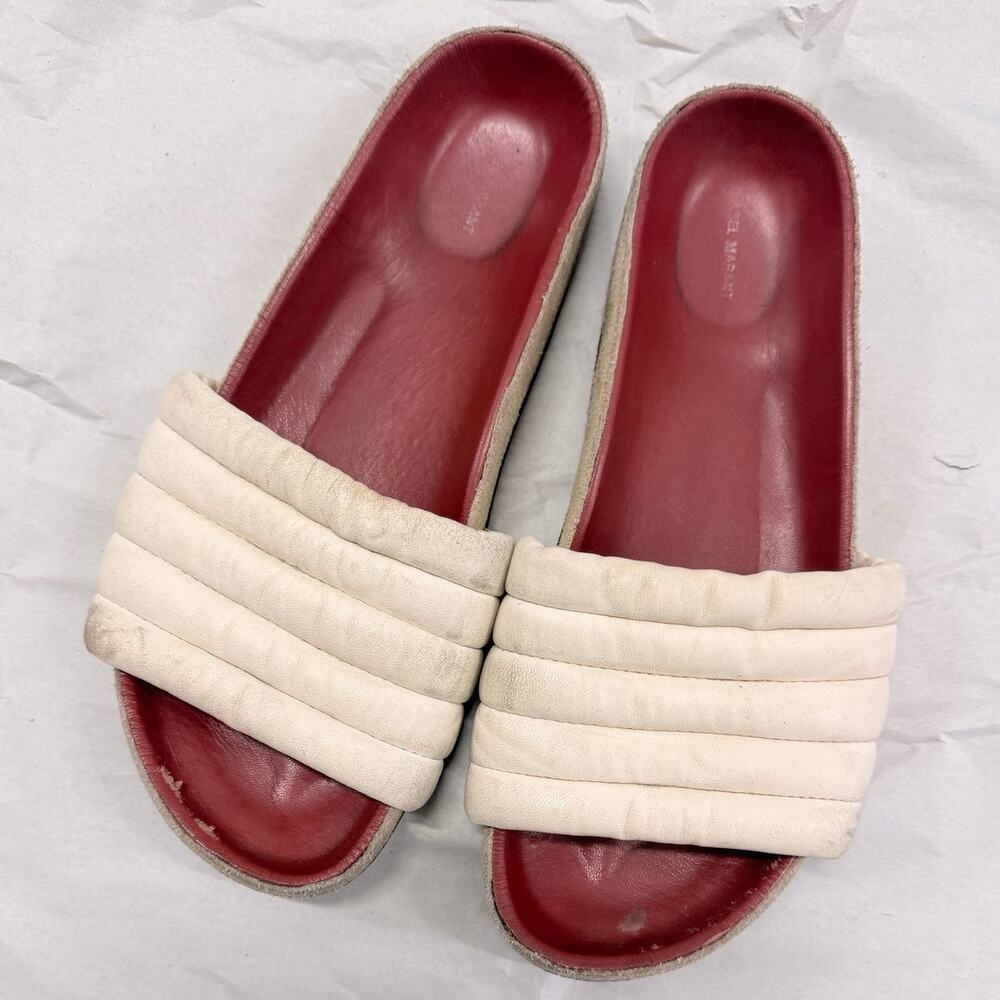 Isabel Marant Hellea Slide Sandals White Quilted Leather & Beige Suede Size 37 - Picture 2 of 5